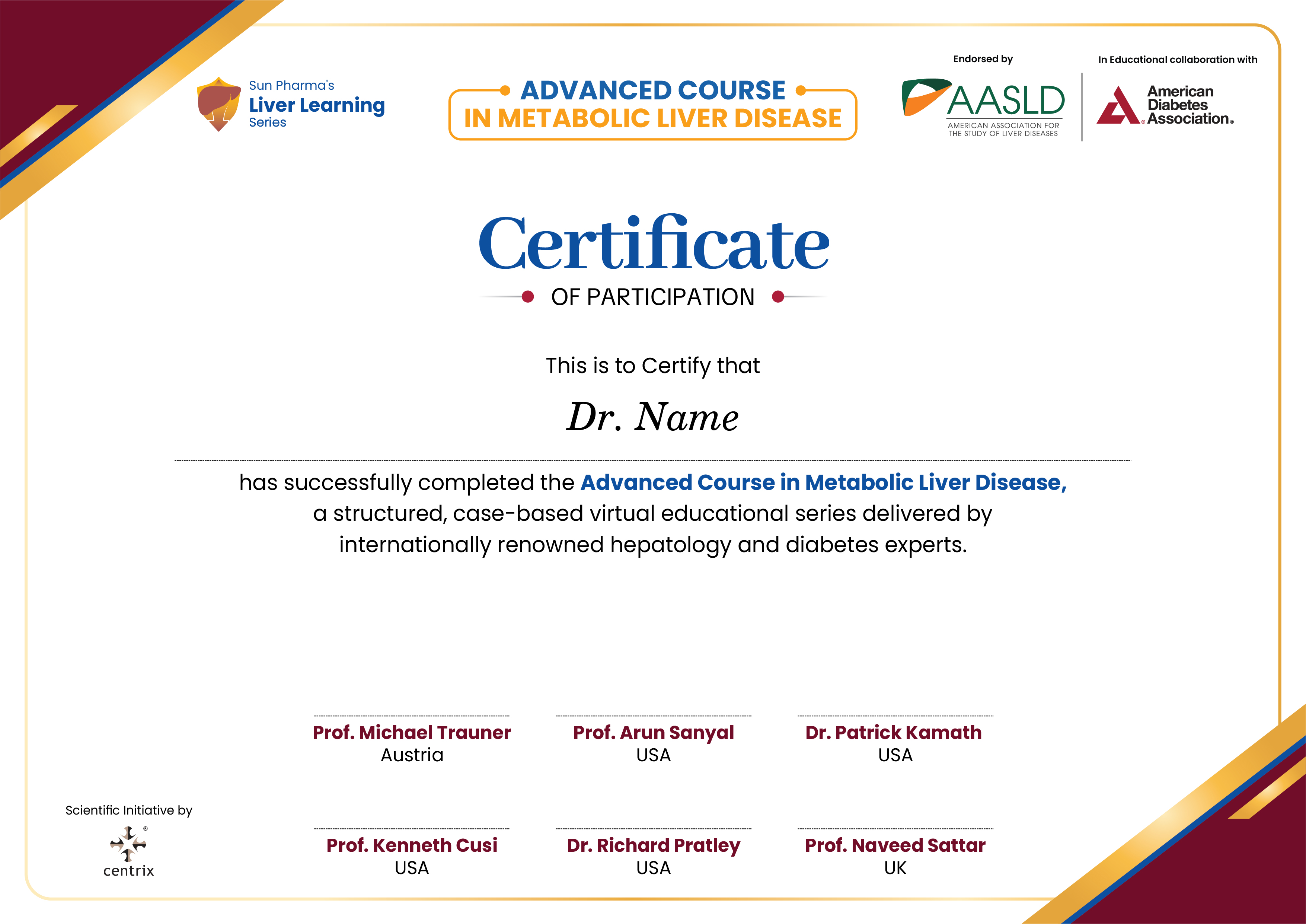 Certificate of Participation for the Advanced Course in Metabolic Liver Disease